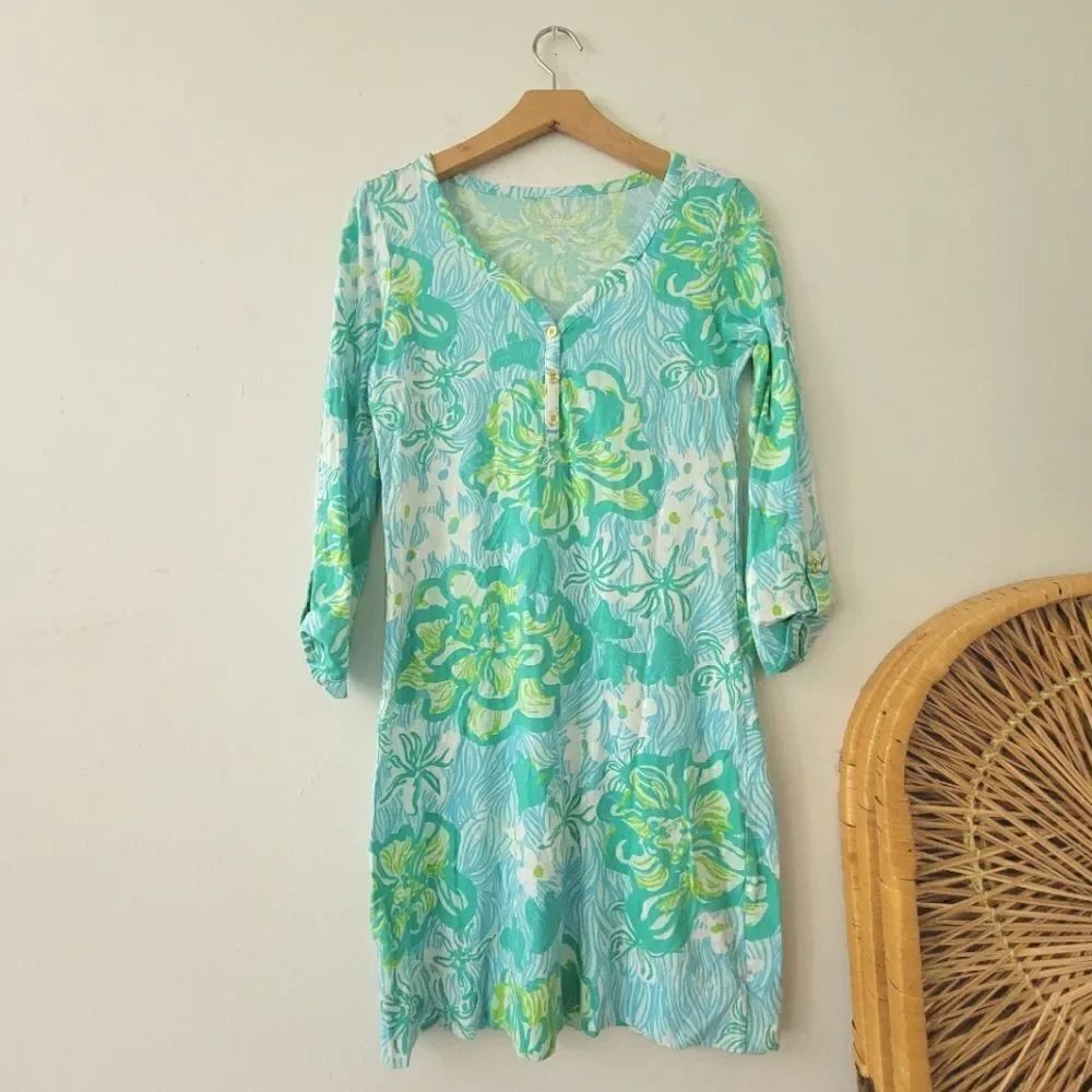 Lilly Pulitzer Palmetto Henley Dress Green/Blue/White Pima Cotton S